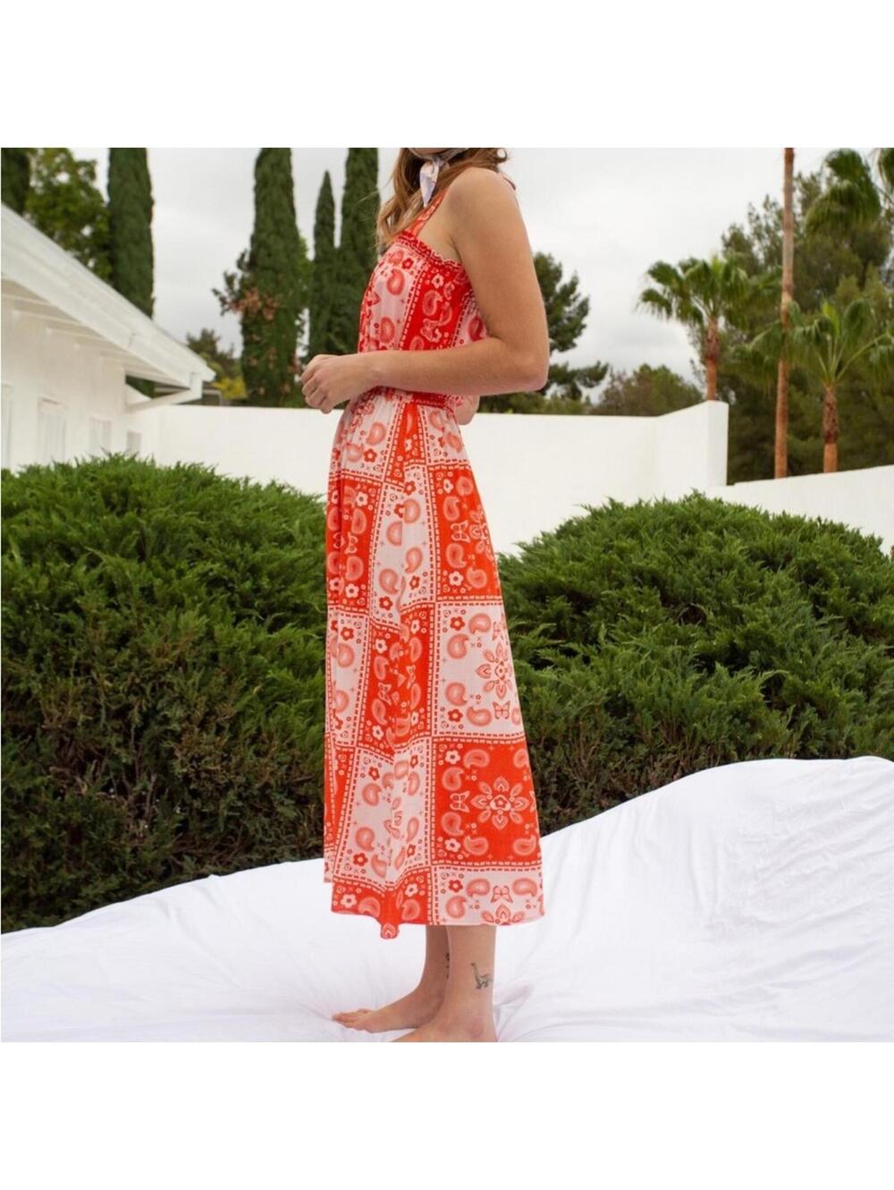 Lisa Says Gah Remi Midi Dress Bandana Print Linen Blend Size Small